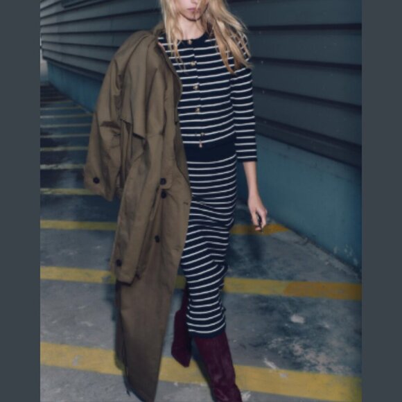 ZARA Navy Blue & White‎ Striped Knit Midi Pencil Skirt - S - Picture 4 of 7